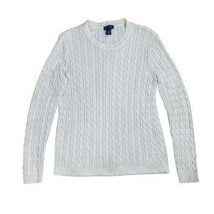 Karen Scott Cable Knit Crew Neck Sweater White Sz M Preppy Cabincore Classic